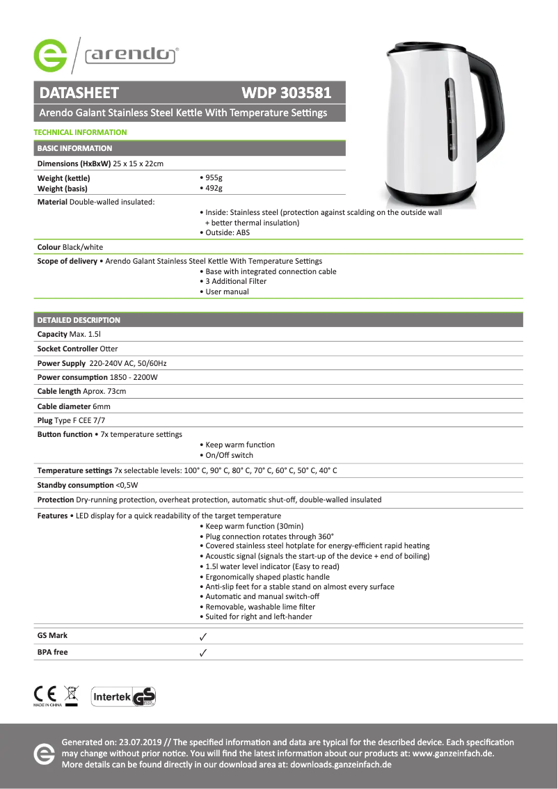 Page 1 de la notice Fiche technique Arendo 302581