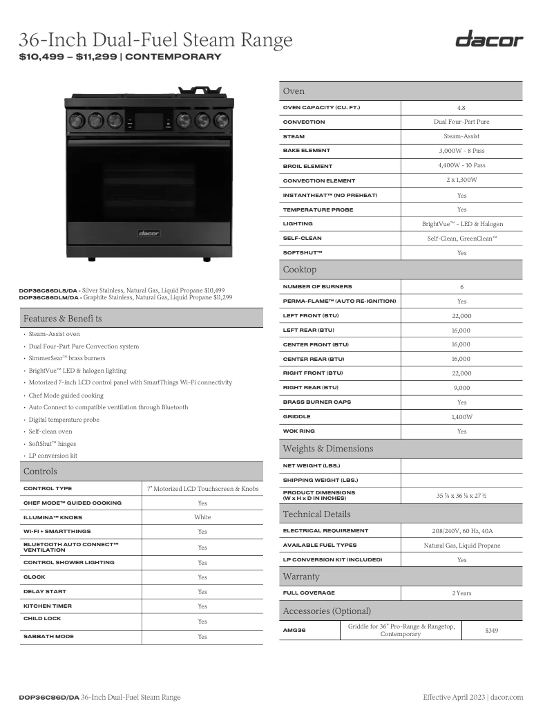 Page 1 de la notice Fiche technique Dacor DOP36C86DLM