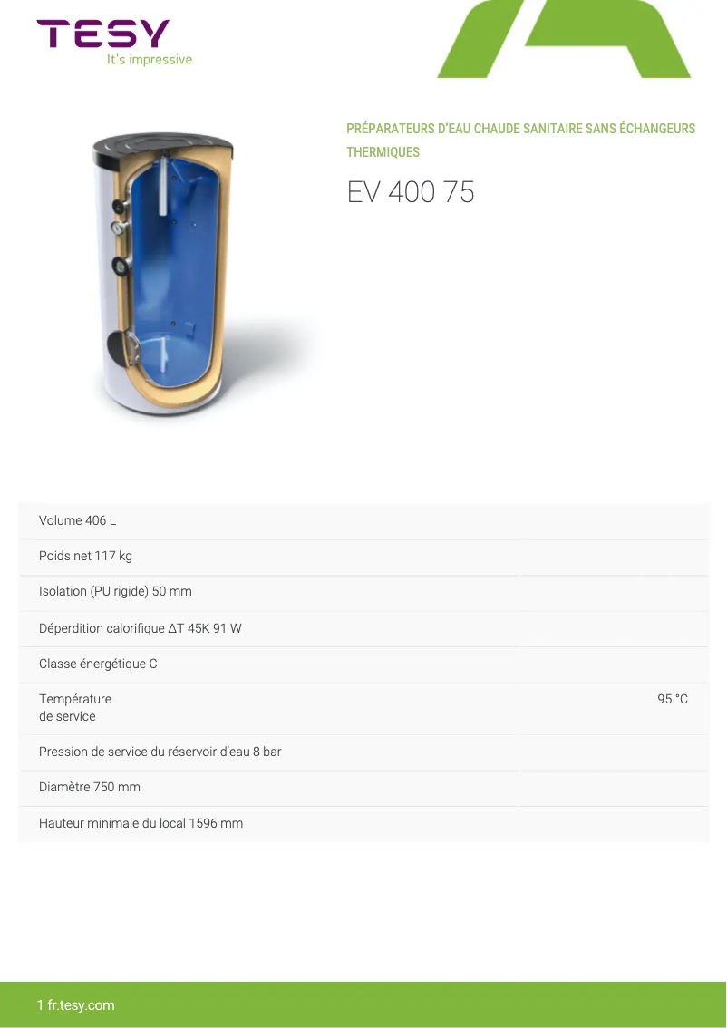 Page 1 de la notice Manuel utilisateur Tesy EV 400 75