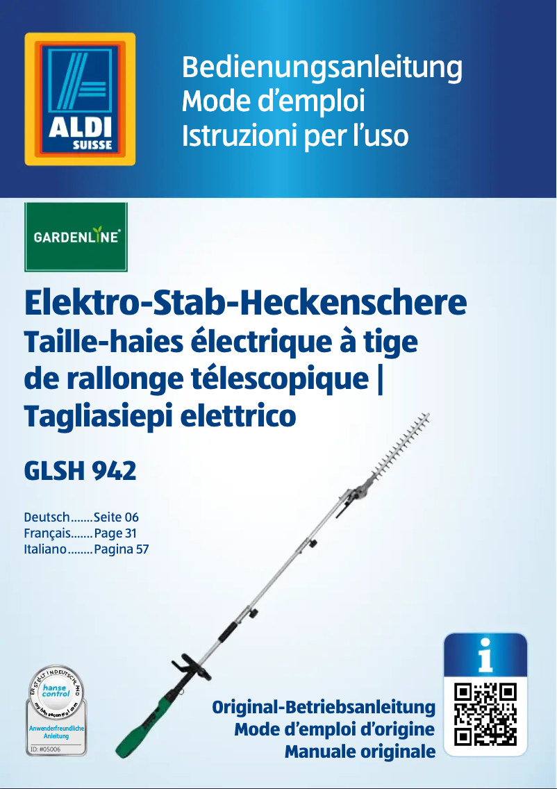 Page n°1 - Manuel utilisateur Gardenline GLSH 942