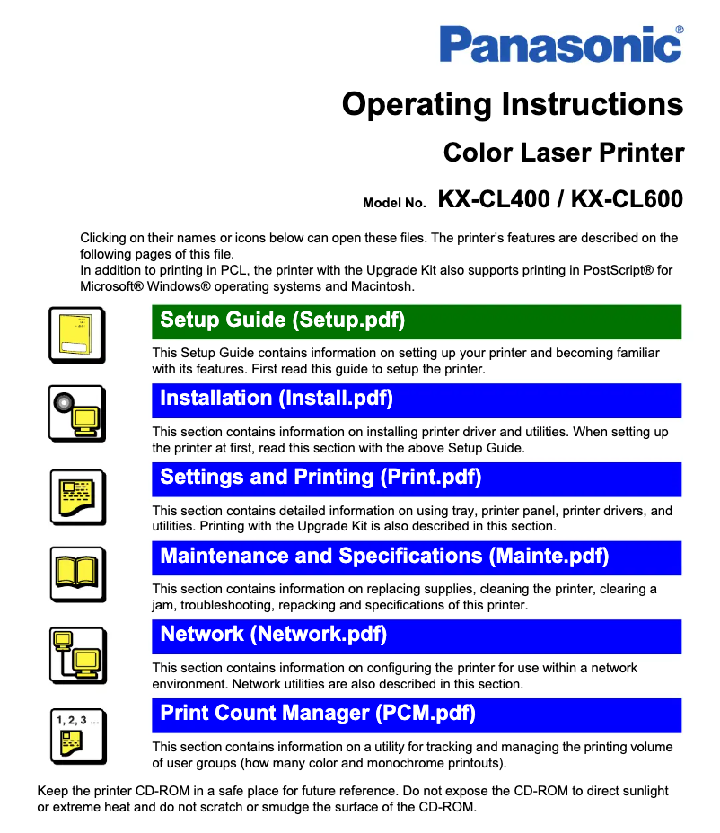 Imagen de la primera página del manual del dispositivo KX-CL400