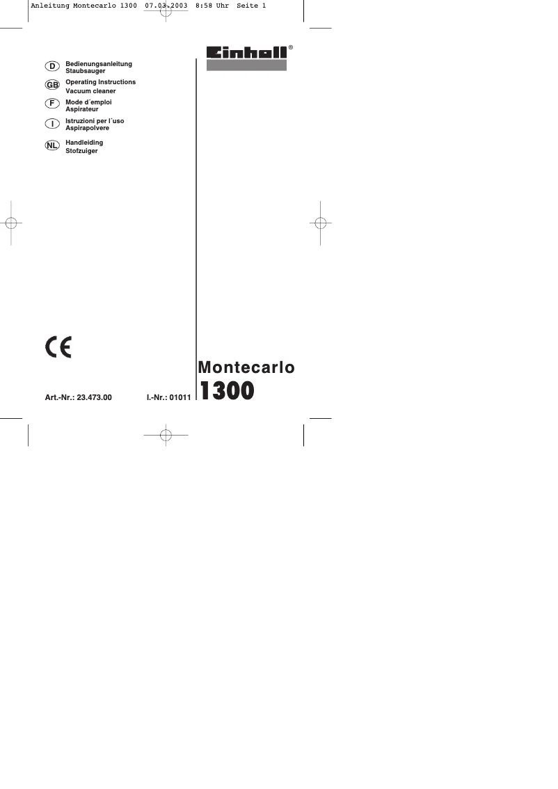 Page 1 de la notice Manuel utilisateur Einhell Montecarlo 1300