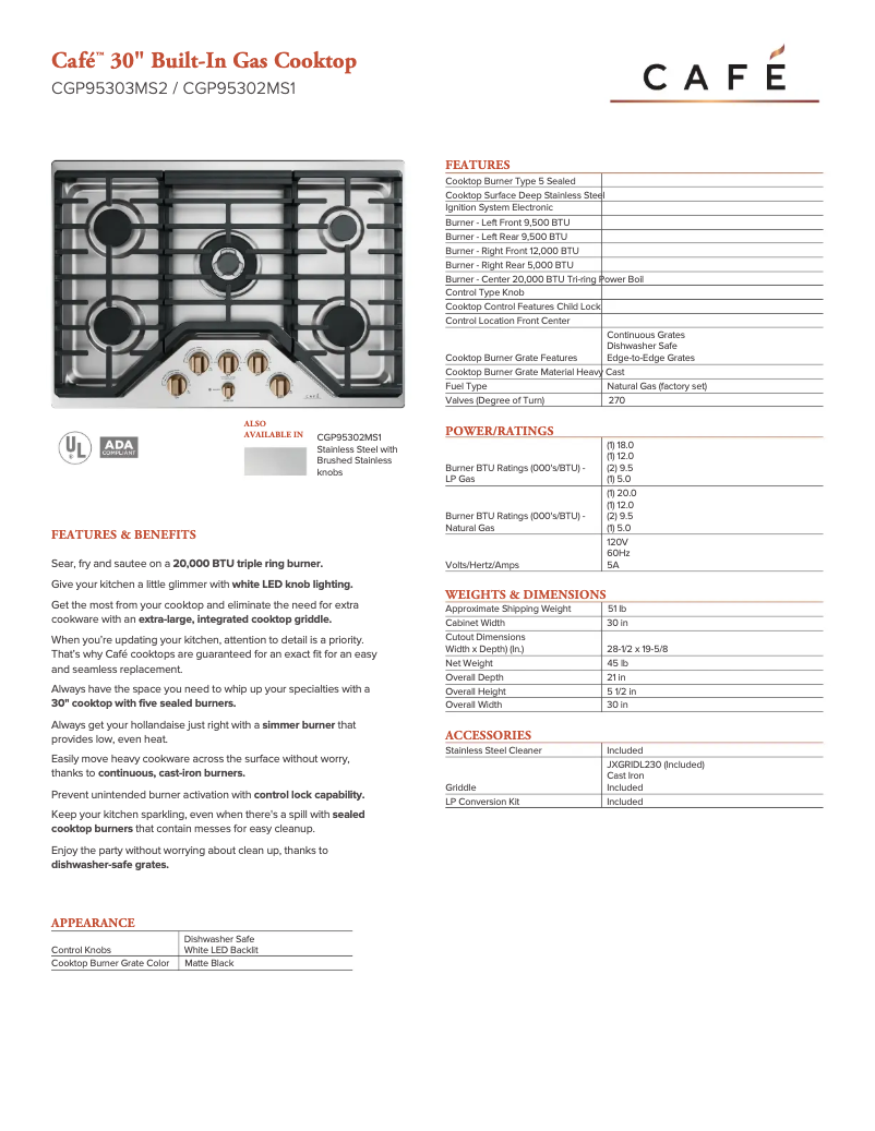 Page n°1 - Fiche technique GE CGP95303MS2