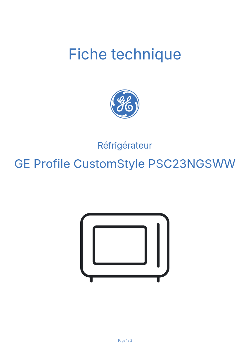 Page n°1 - Fiche technique GE Profile CustomStyle PSC23NGSWW