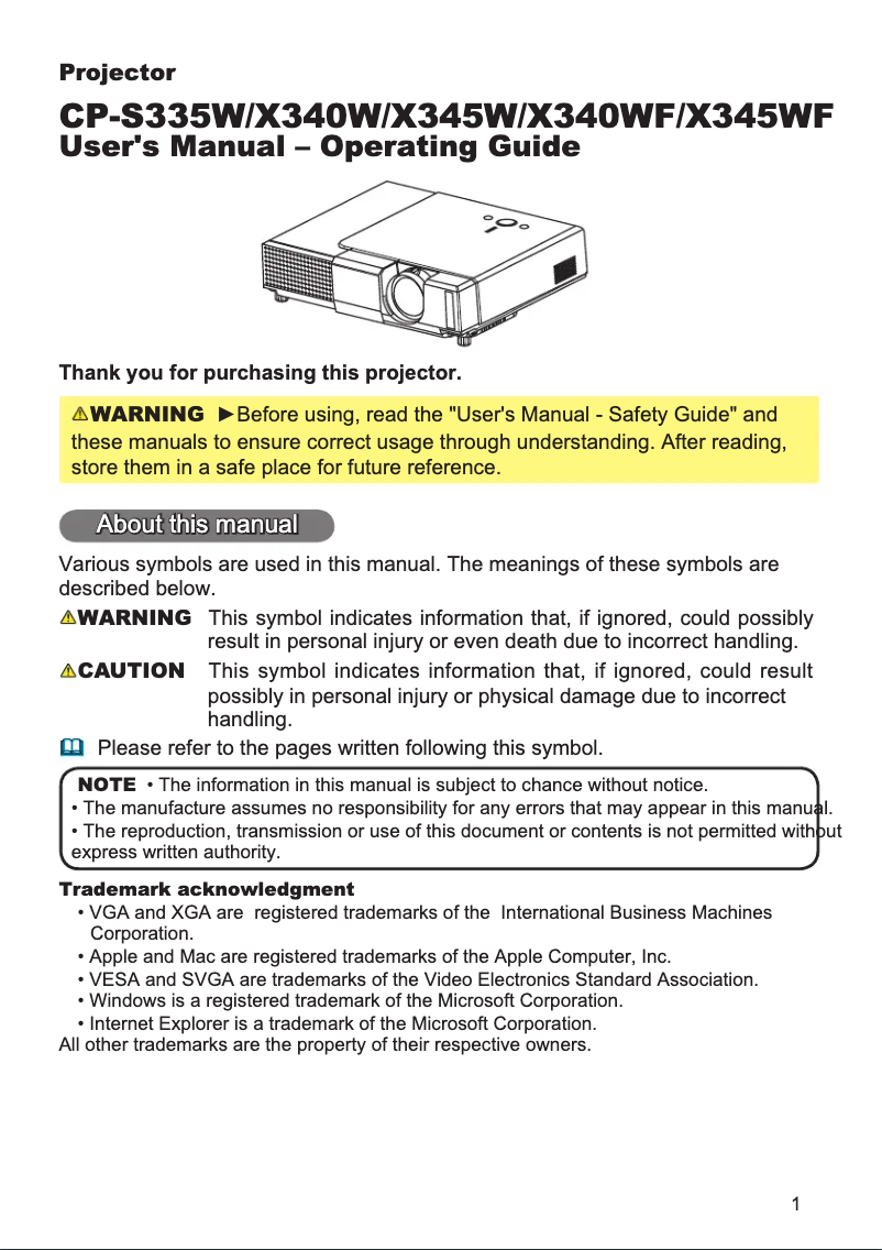 Image de la première page du manuel de l'appareil CP-X340W