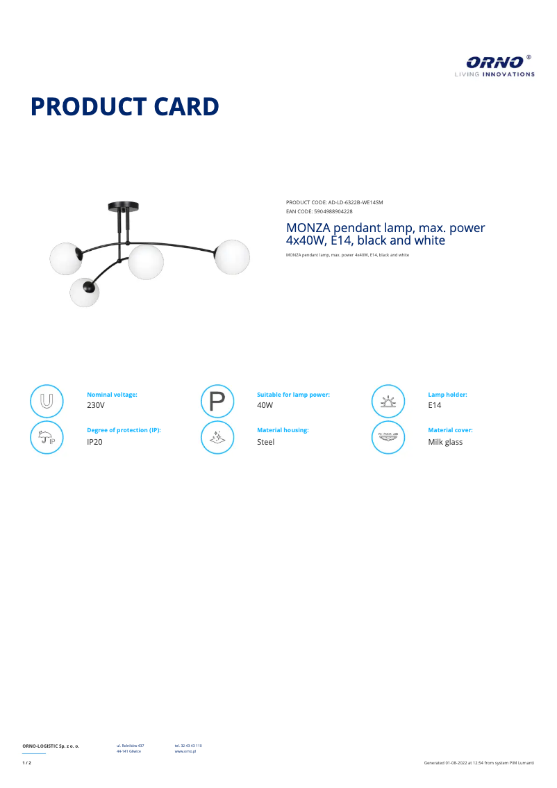 Page 1 de la notice Fiche technique Adviti AD-LD-6322B-WE14SM