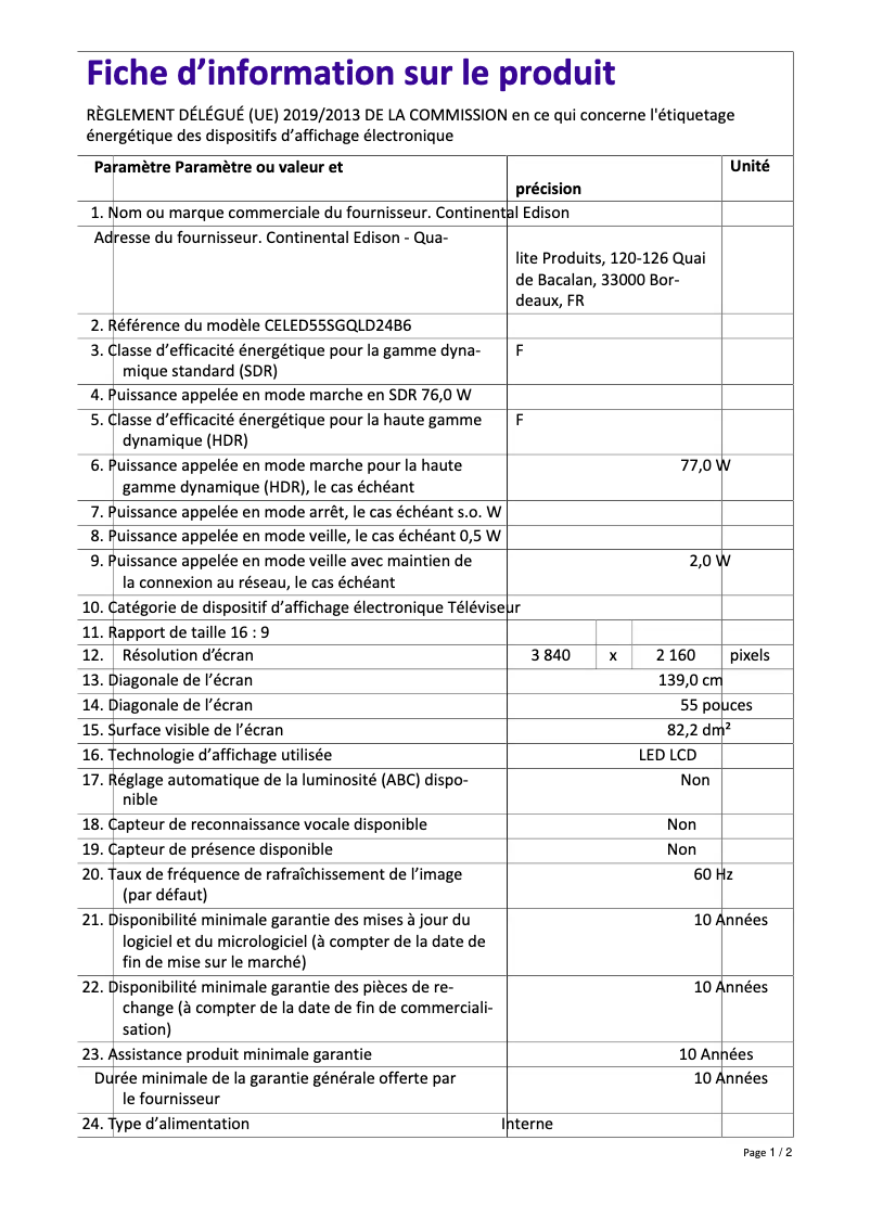 Page 1 de la notice Label énergétique Continental Edison CELED55SGQLD24B6
