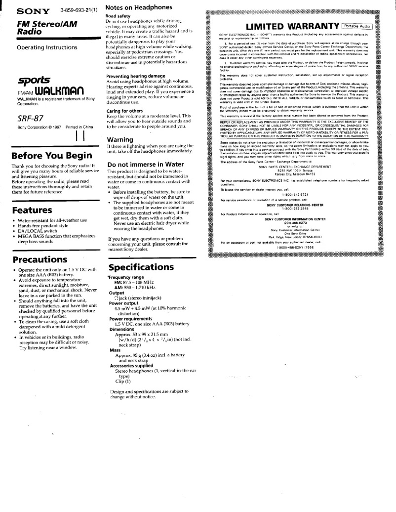 Page 1 de la notice Manuel utilisateur Sony SRF-87