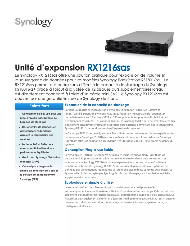 Page 1 de la notice Fiche technique Synology RX1216SAS