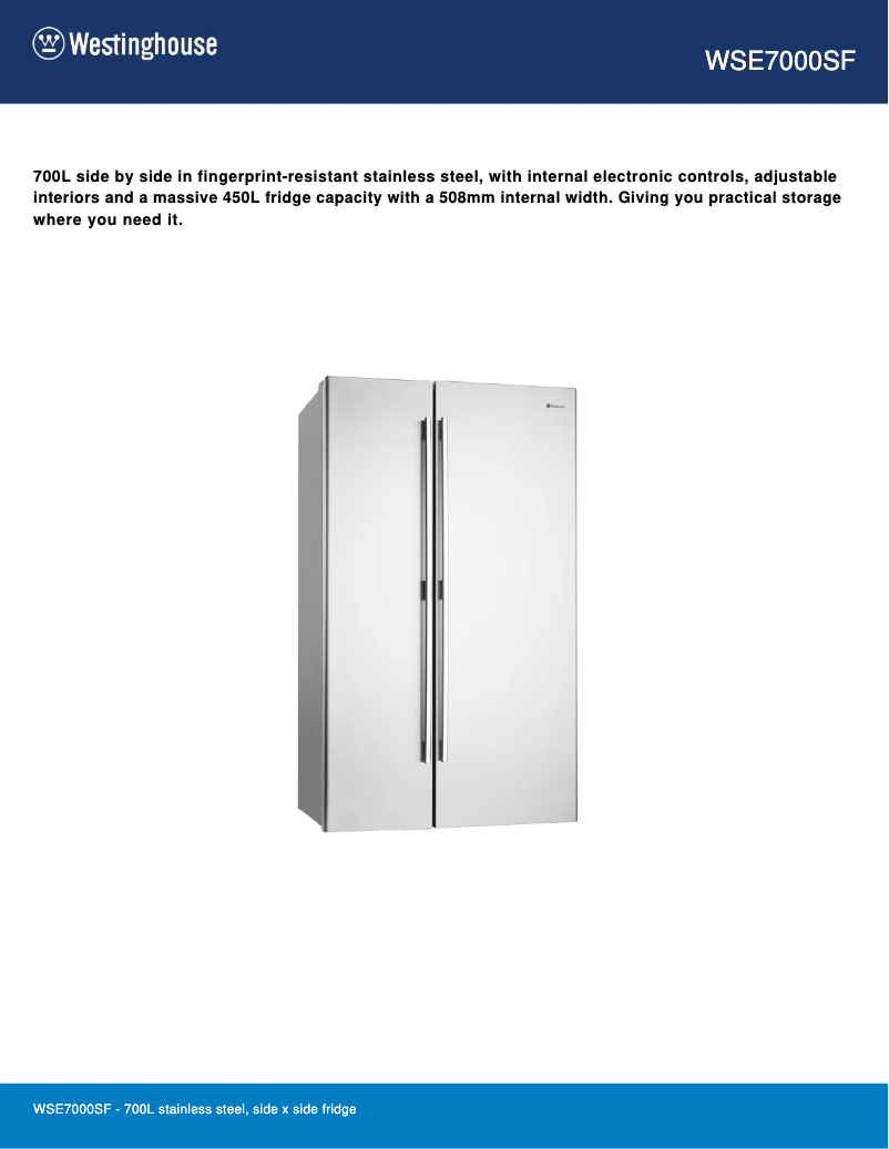 Page 1 de la notice Fiche technique Westinghouse WSE7000SF