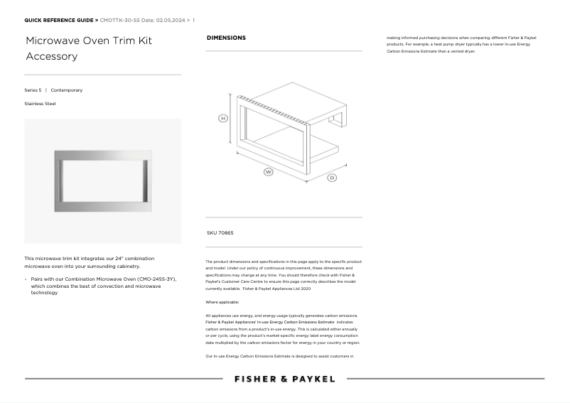 Page 1 de la notice Manuel utilisateur Fisher & Paykel CMOTTK-30-SS