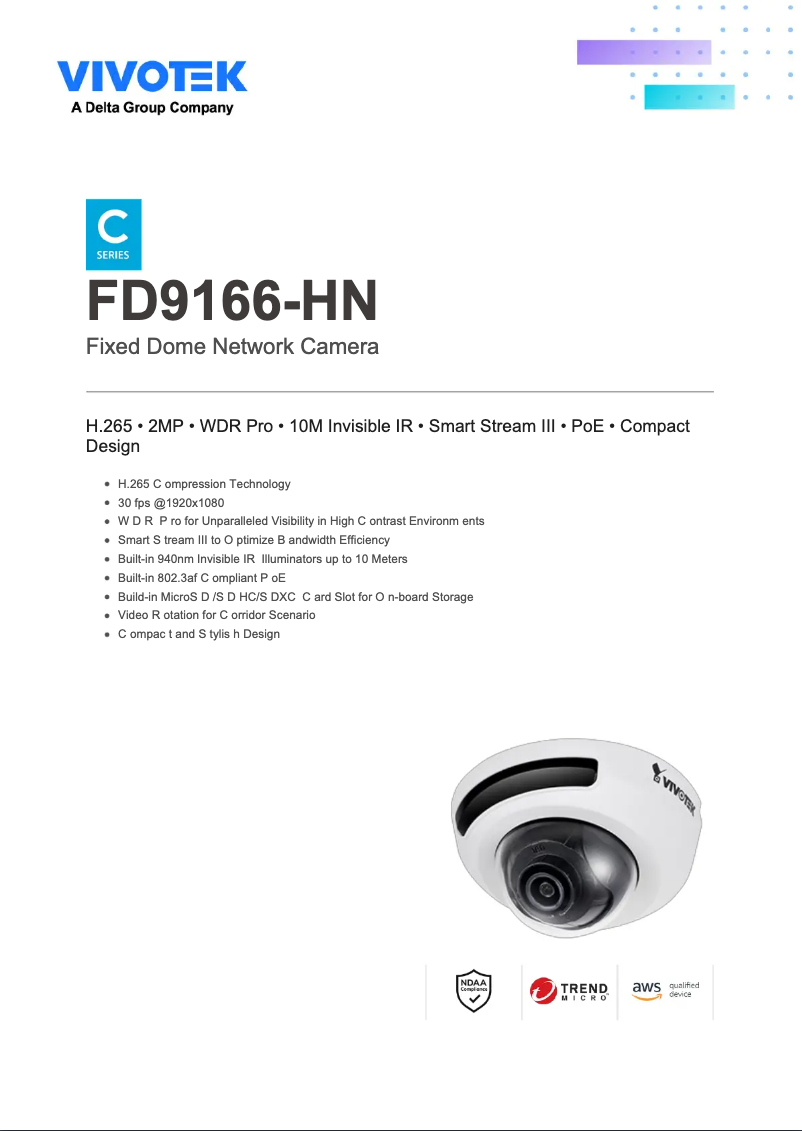 Page 1 de la notice Fiche technique Vivotek FD9166-HN