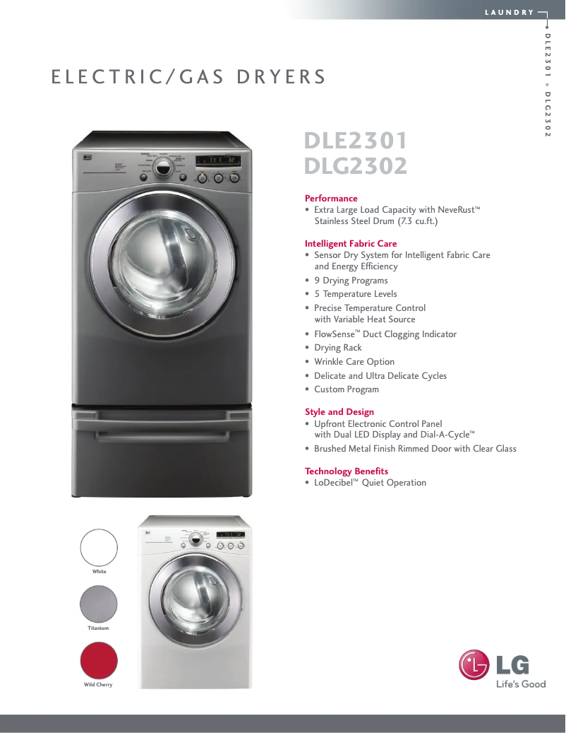 Page 1 de la notice Fiche technique LG DLE2301W