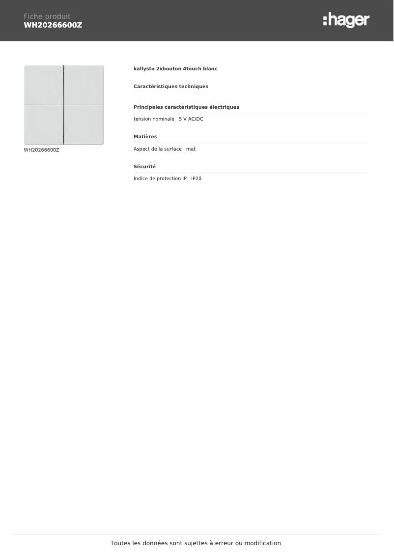 Page 1 de la notice Fiche technique Hager WH20266600Z