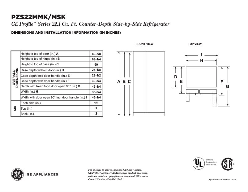 Page 1 de la notice Fiche technique GE PZS22MSKSS