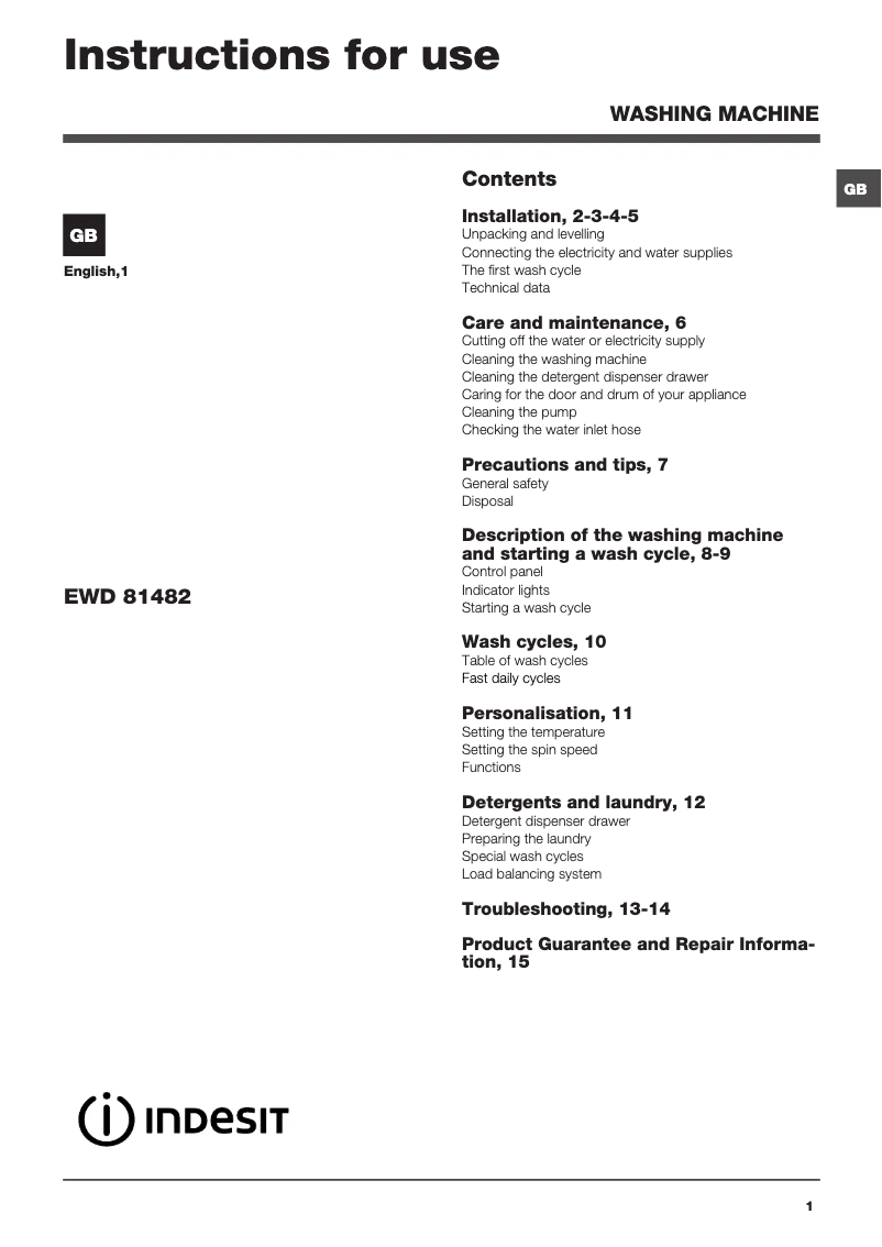 Page 1 de la notice Mode d'emploi Indesit EWD 81482 W UK.M