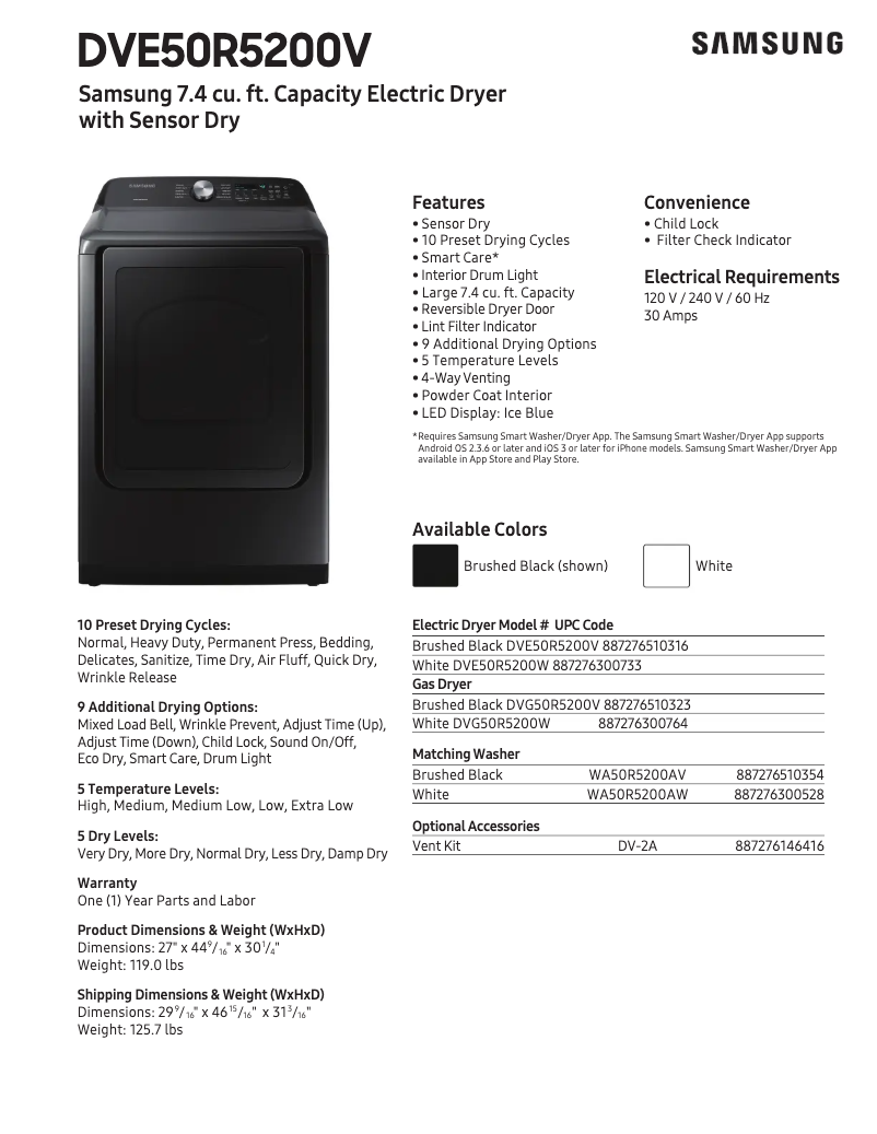 Page n°1 - Fiche technique Samsung DVE50R5200V