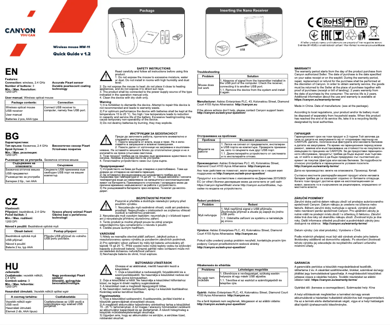 Page 1 de la notice Manuel utilisateur Canyon MW-11