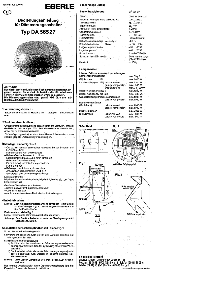 Page n°1 - Manuel utilisateur Eberle DA 56527