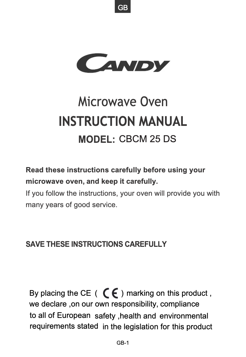 Page 1 de la notice Manuel utilisateur Candy CBCM25DS-UK