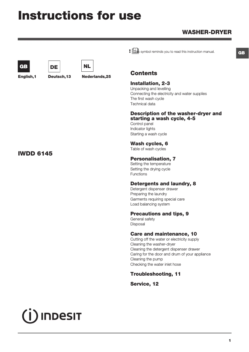 Page n°1 - Manuel utilisateur Indesit IWDD 6145