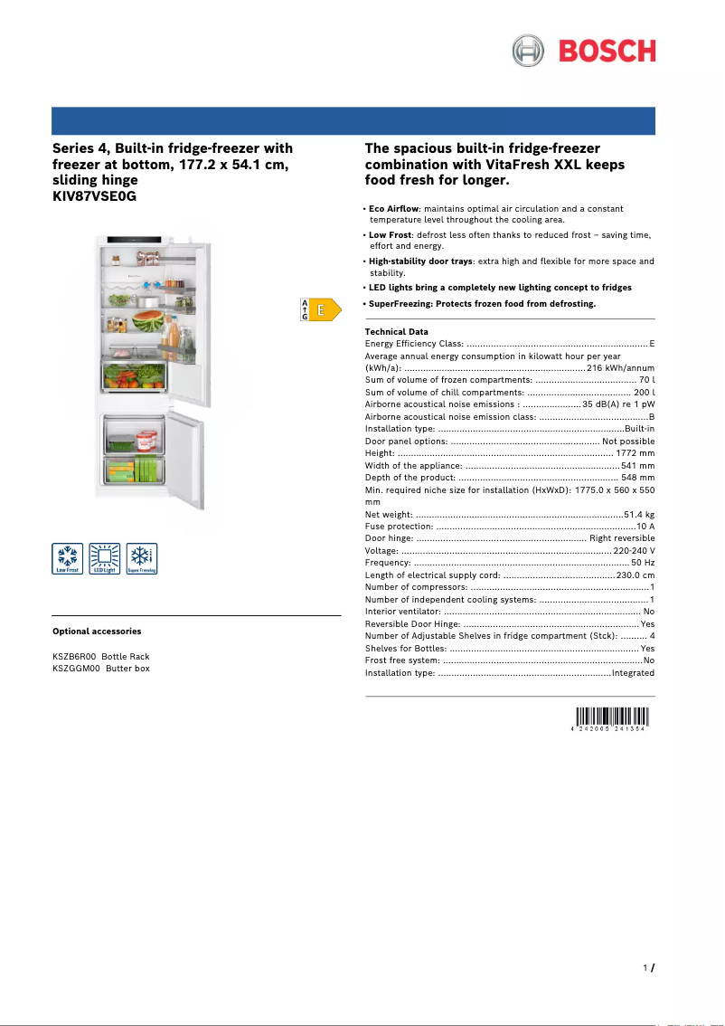 Page 1 de la notice Fiche technique Bosch KIV87VSE0G