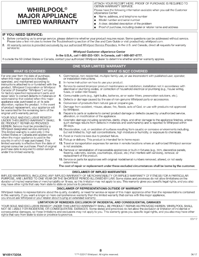 Page 1 de la notice Informations de garantie Whirlpool WDT730PAHW