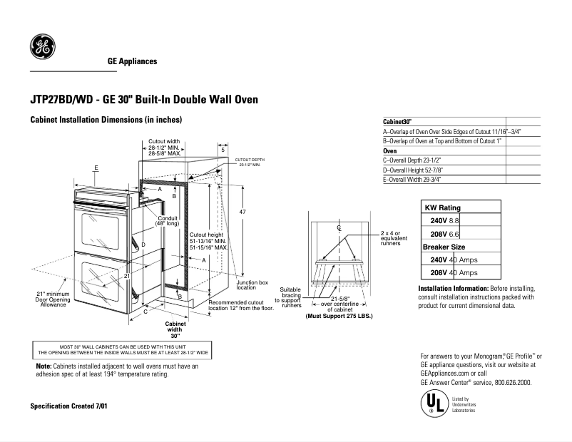 Page 1 de la notice Fiche technique GE JTP27BDBB