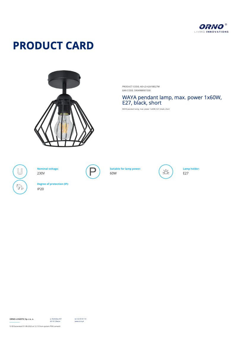 Page n°1 - Fiche technique Adviti AD-LD-6261BE27M