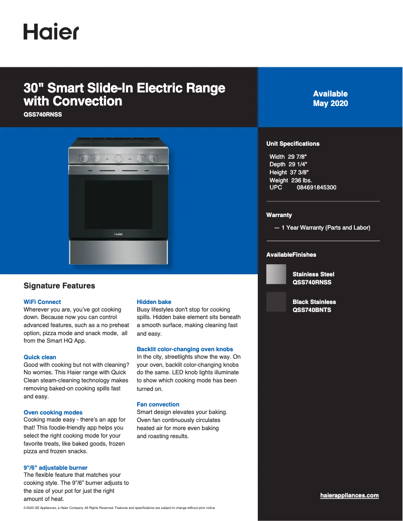 Page 1 de la notice Fiche technique Haier QSS740BNTS