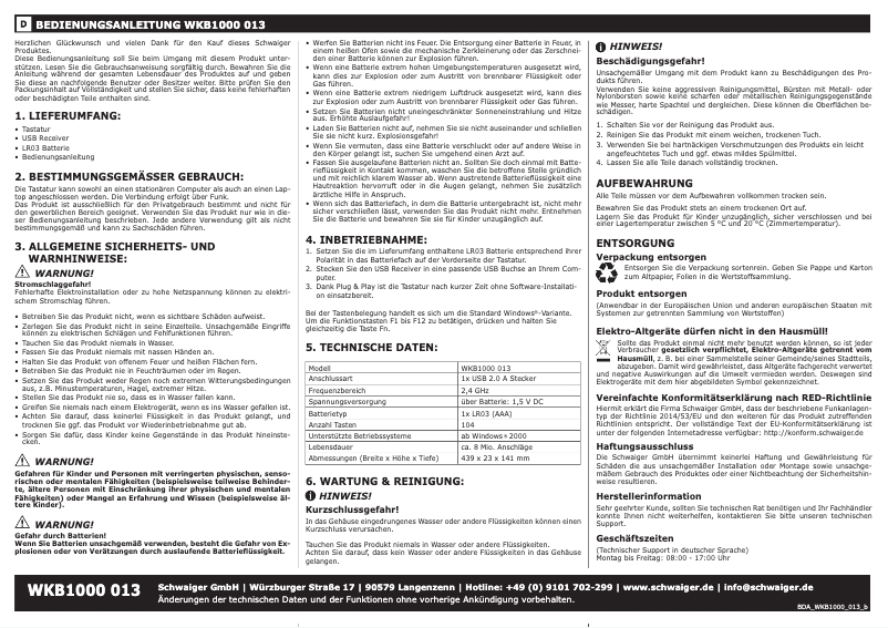 Page n°1 - Manuel utilisateur Schwaiger WKB1000 013