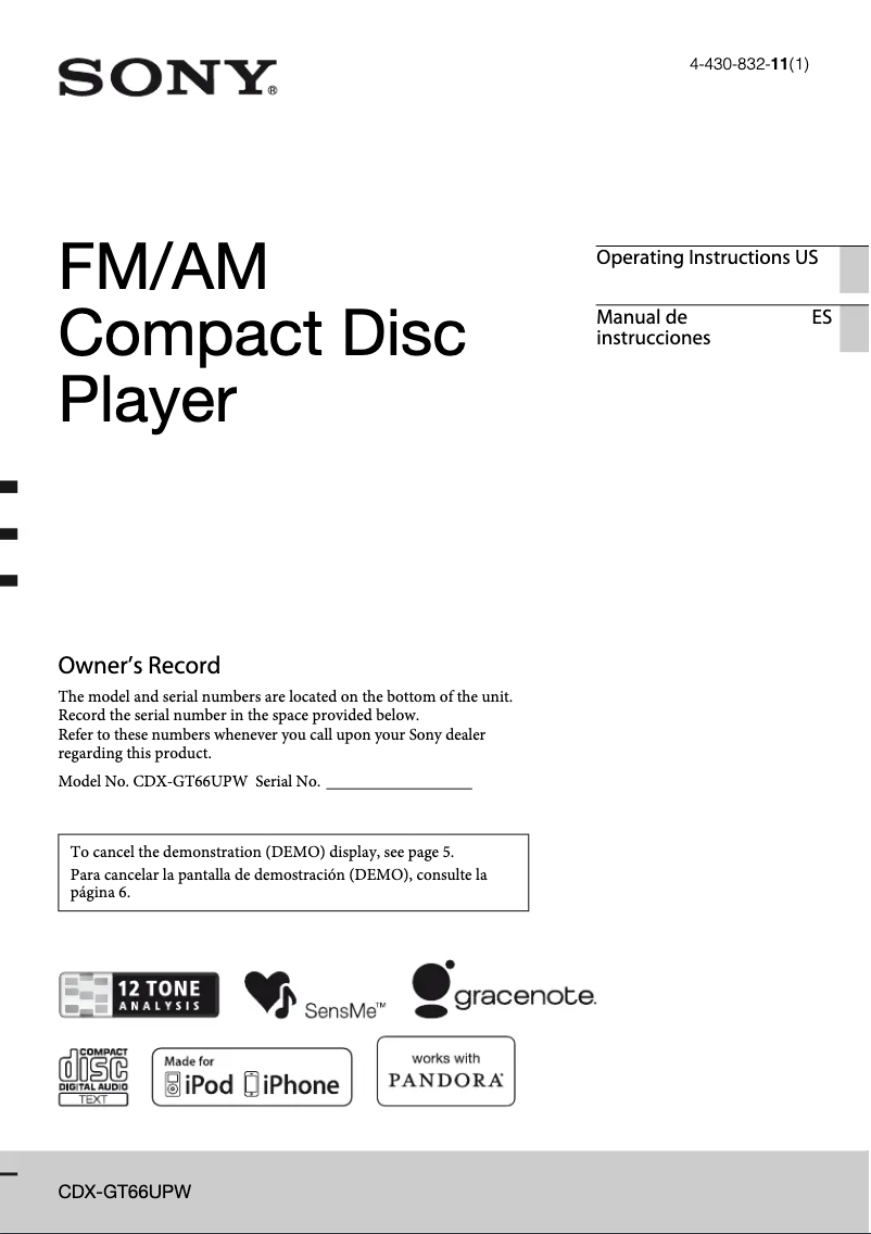 Page 1 de la notice Manuel utilisateur Sony CDX-GT66UPW