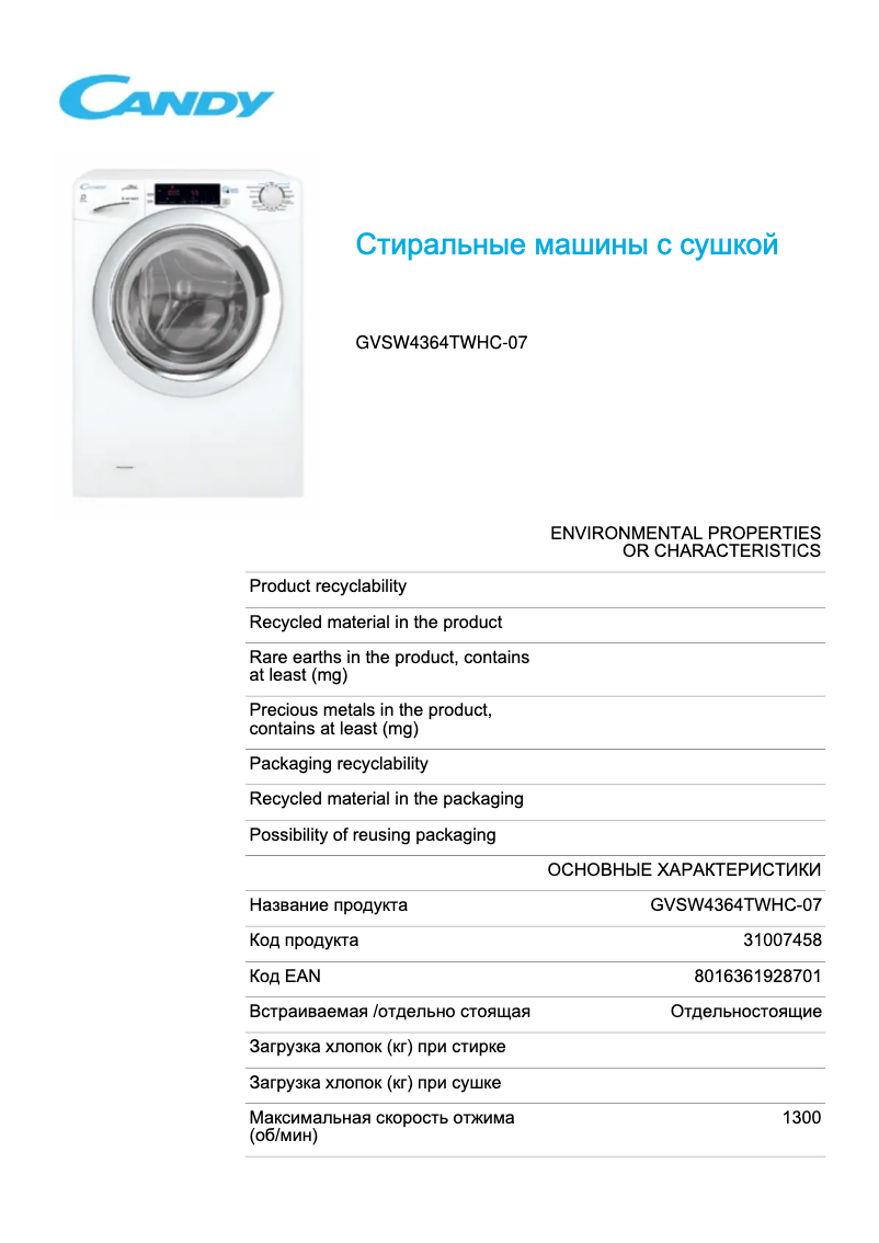 Page 1 de la notice Fiche technique Candy GVSW4364TWHC-07