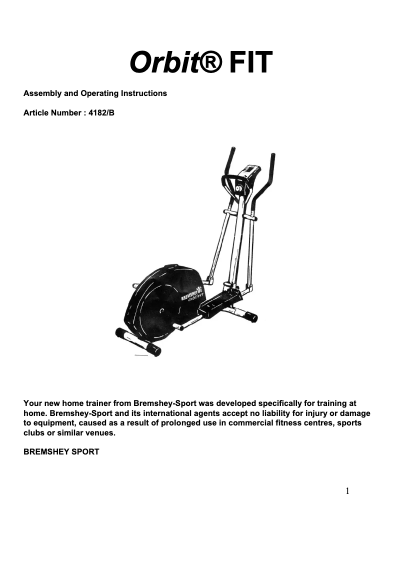 Page 1 de la notice Manuel utilisateur Bremshey Orbit Fit 4182b