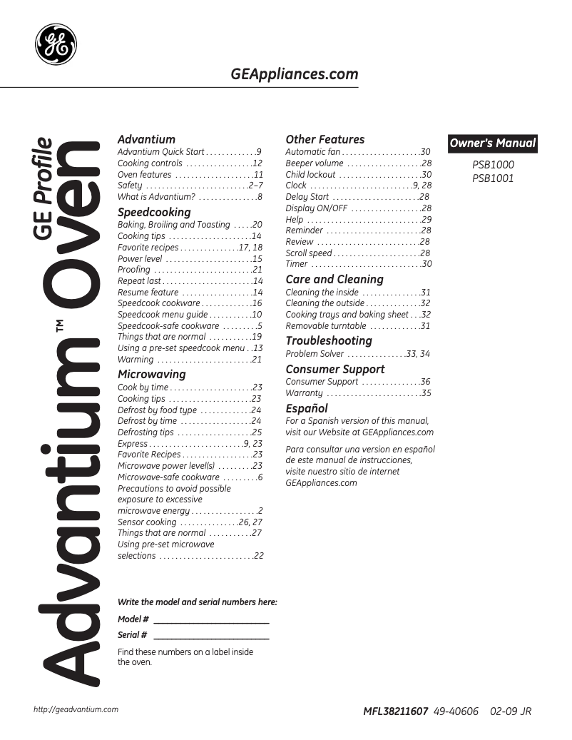 Page 1 de la notice Manuel utilisateur GE Advantium PSB1000