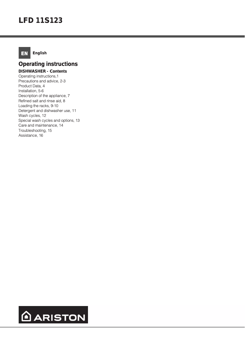 Page 1 de la notice Manuel utilisateur Ariston Thermo LFD 11S123 OX AUS