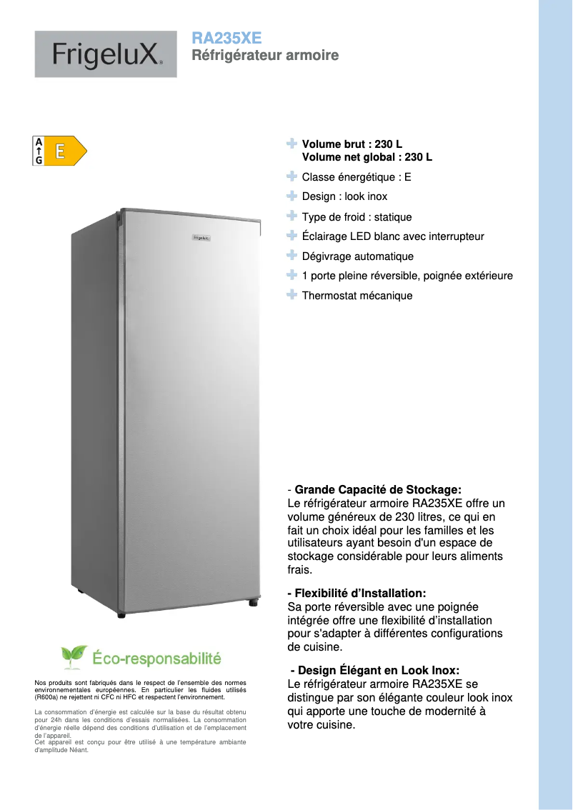Página 1 del manual Ficha técnica FrigeluX RA235XE