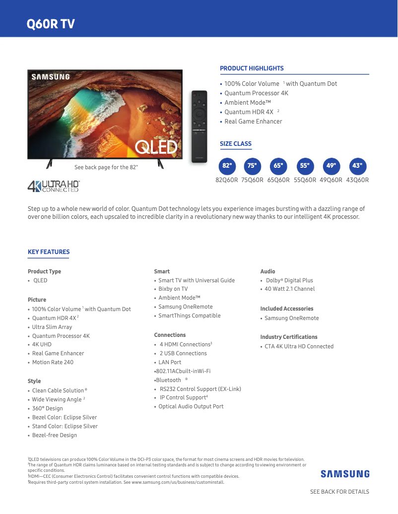 Page 1 de la notice Fiche technique Samsung QN82Q60RAFXZA