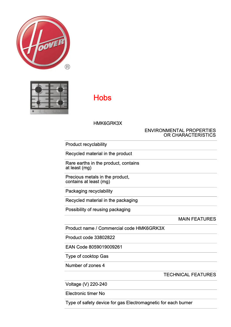 Page n°1 - Fiche technique Hoover H-HOB 300 HMK6GRK3X