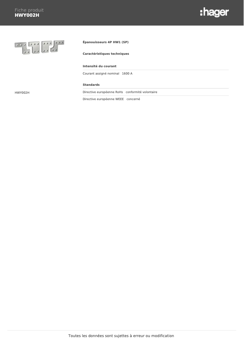 Page 1 de la notice Fiche technique Hager HWY002H