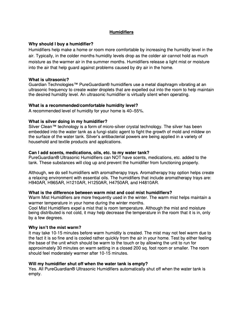 Page n°1 - FAQ PureGuardian H3250