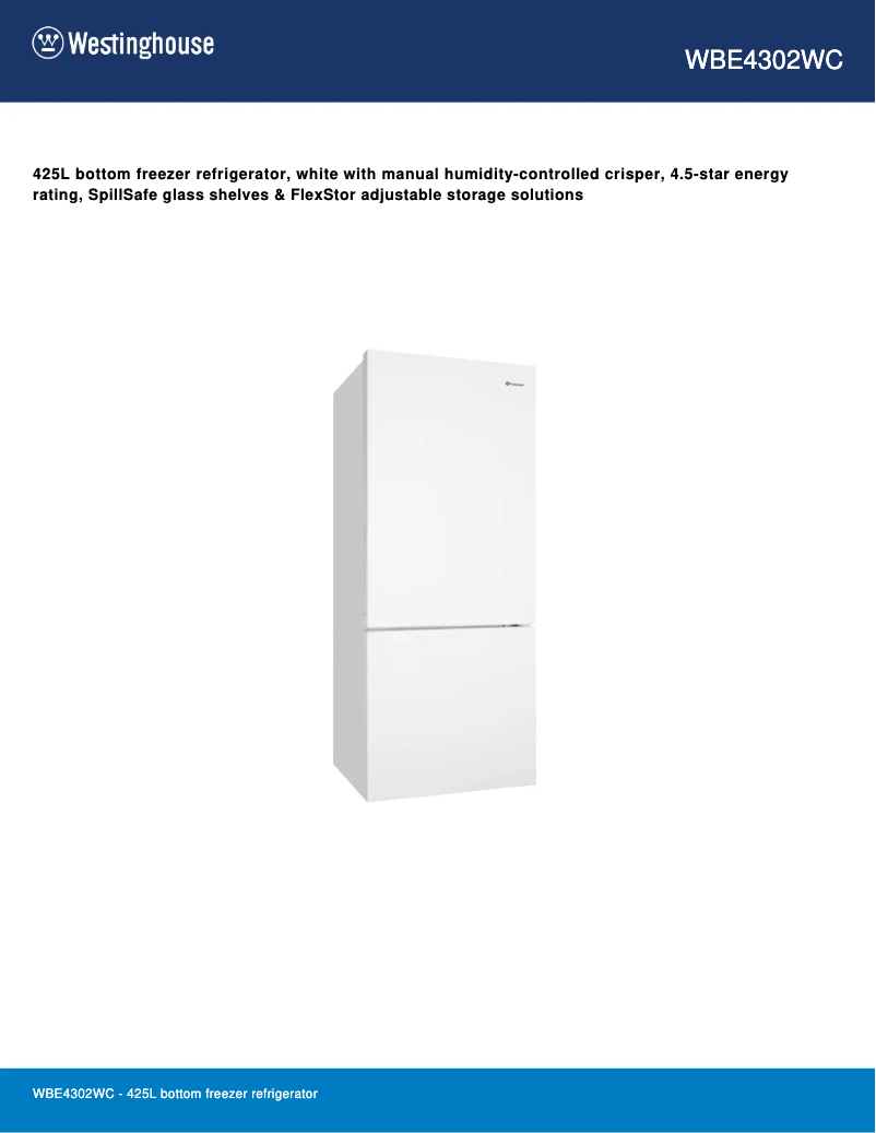 Page 1 de la notice Fiche technique Westinghouse WBE4302WC