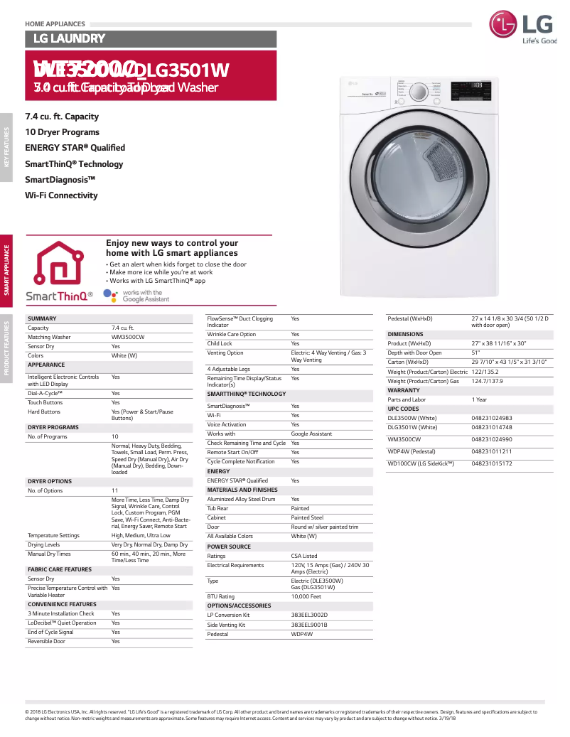 Page n°1 - Fiche technique LG DLE3500W