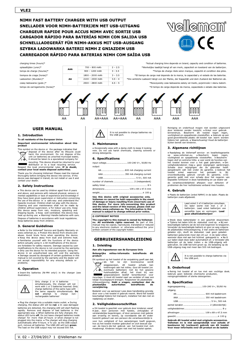 Page 1 de la notice Manuel utilisateur Velleman VLE2