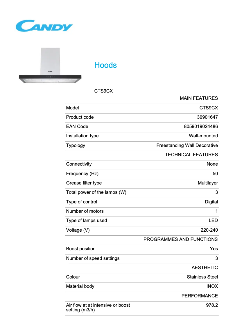 Page 1 de la notice Fiche technique Candy CTS9CX