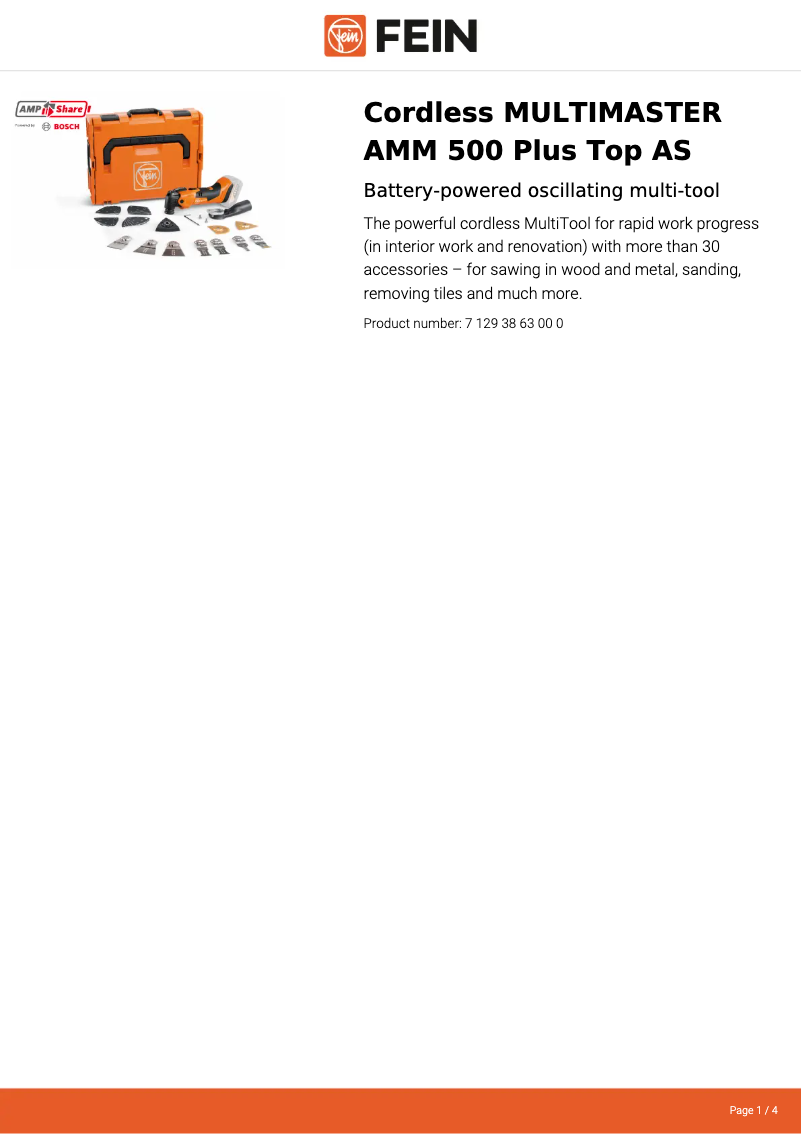 Page 1 de la notice Fiche technique Fein Multimaster MM 500 Plus Top