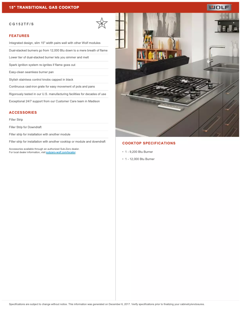 Page 1 de la notice Fiche technique Wolf CG152TF/S