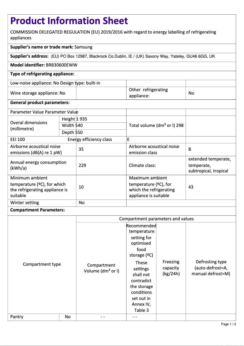 Page n°1 - Fiche technique Samsung BRB30600EWW