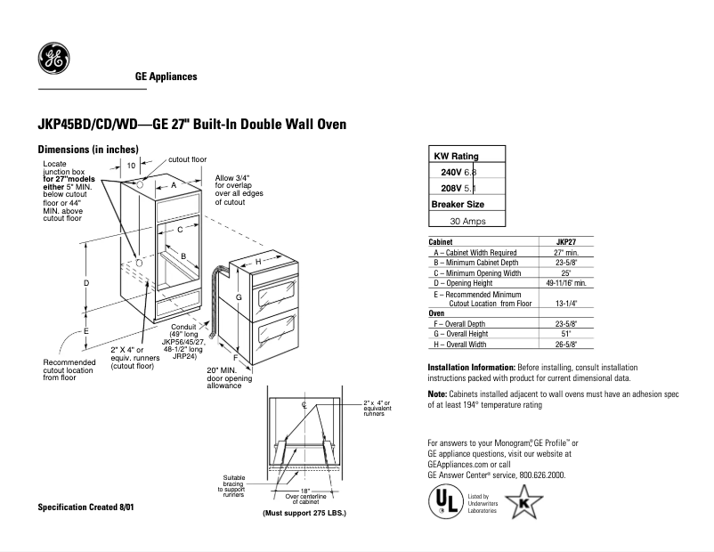 Page 1 de la notice Fiche technique GE JKP45BDBB