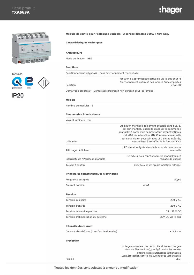 Page n°1 - Fiche technique Hager TXA663A